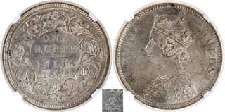 Scarce NGC MS 62 Graded Silver One Rupee Coin of Victoria Queen of Bombay Mint of 1862 of A/II/0/4 Dots.