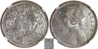 Scarce NGC MS 62 Graded Silver One Rupee Coin of Victoria Queen of Bombay Mint of 1862 of A/II/0/4 Dots.