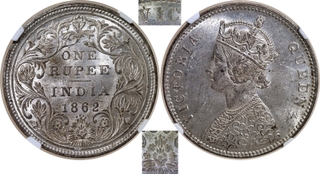 Rare NGC MS 63 Graded Silver One Rupee Coin of Victoria Queen of Bombay Mint of 1862 of A/II/0/4 Dots.