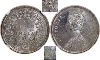 Scarce NGC MS 62 Graded Silver One Rupee Coin of Victoria Queen of Bombay Mint of 1862 of A/II/0/5 Dots.