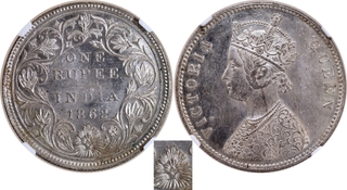 Rare NGC MS 63 Graded Silver One Rupee Coin of Victoria Queen of Bombay Mint of 1862 of A/II/0/5 Dots.