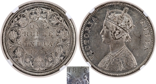 Rare NGC MS 62 Graded Silver One Rupee Coin of Victoria Queen of Bombay Mint of 1862 of A/II/0/6 Dots.