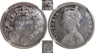 Rare NGC MS 62 Graded Silver One Rupee Coin of Victoria Queen of Bombay Mint of 1862 of A/II/1/6 Dots.