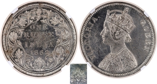 NGC UNC Graded Silver One Rupee Coin of Victoria Queen of Bombay Mint of 1862 of A/II/0/7 Dots.