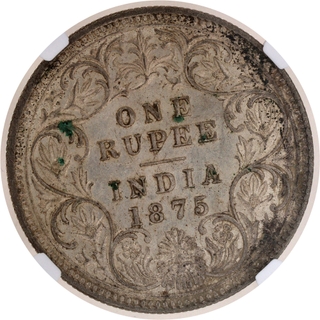 Scarce NGC UNC Graded Silver One Rupee Coin of Victoria Queen of Calcutta Mint of 1875.