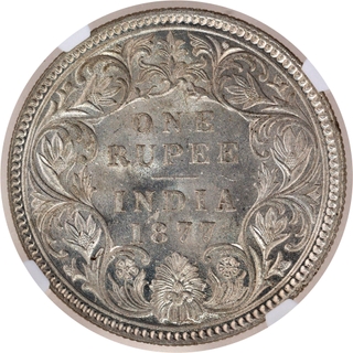 Scarce NGC UNC Graded Silver One Rupee Coin of Calcutta Mint of Victroia Empress of 1877.