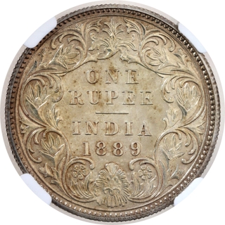 Extremely Rare Top Pop NGC PL 63 Graded Mule Silver One Rupee Proof Coin of Victoria Empress of Calcutta Mint of 1889.