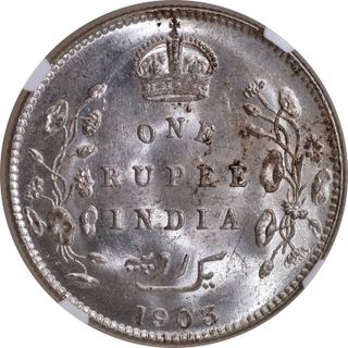 Scarce NGC MS 62 Graded Silver One Rupee Coin of King Edward VII of Bombay Mint of 1903.