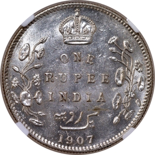 Scarce NGC MS 61 Graded Silver One Rupee Coin of King Edward VII of Bombay Mint of 1907.