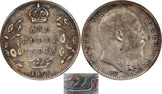 Rare Silver One Rupee Coin of King Edward VII of Bombay Mint of 1910.