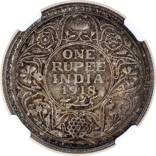 NGC MS 63 Graded Silver One Rupee Coin of of King George V of Calcutta Mint of 1918.