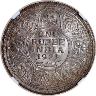 Rare Date NGC MS 63 Graded Silver One Rupee Coin of King George V of Bombay Mint of 1921.