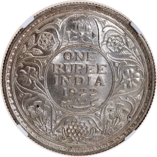 Extremely Rare NGC MS 64 Graded Tough Date Silver One Rupee Coin of King George V of Bombay Mint 1922.