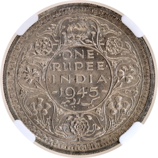 Scarce NGC MS 62 Graded Silver One Rupee Coin of King George VI of Lahore Mint of 1945.