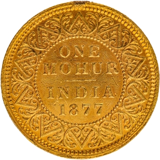 Very Rare Gold One Mohur Coin of Victoria Empress of Calcutta Mint of 1877.