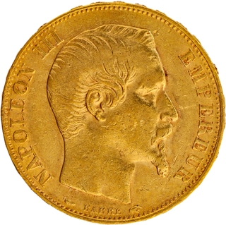 1854 Gold Twenty Francs Coin of King Napoleon III of France of Paris Mint.