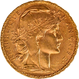 Gold Twenty Francs of Troisieme Republiqua of France of 1909.