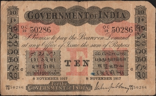 Uniface King George V Ten Rupees Banknote Signed by M M S Gubbay of 1917 of British India.