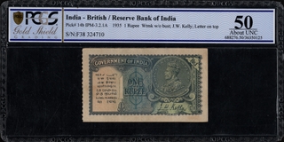 PCGS Graded 50 King George V One Rupee Banknote Signed by J W Kelly of 1935.