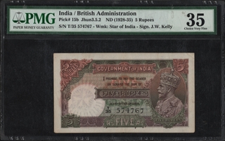 British India King George V Five Rupees Banknote Signed by J W Kelly of 1934.