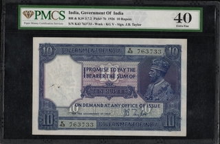 PMCS Graded 40 Ten Rupees Banknote of of King George V of 1926 Signed by J B Taylor.