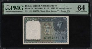 PMG Graded 64 One Rupee Banknote of King George VI of 1944 Signed by C E Jones.