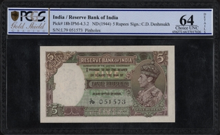 PCGS Graded 64 British India King George VI Five Rupees Banknote Signed by C D Deshmukh of 1944.