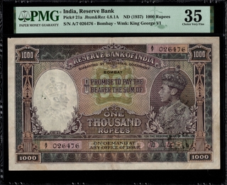 PMG Graded 35 One Thousand Rupees Banknote of King George VI Bombay Circle of 1938 Signed by J B Taylor of British India.