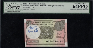  Legacy Graded 64 One Rupee Banknote Signed and Autographed by Rajiv Mehrishi of 2015 of Star Series.