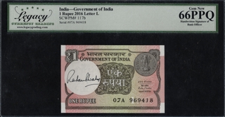 Legacy Graded 66 One Rupee Banknote Signed and Autographed by Ratan P Watal of 2016 of Republic India.