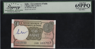 Legacy Graded 65 Republic India One Rupee Banknote Signed and Autographed by Shaktikanta Das of 2017.