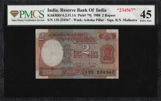 PMCS Graded 45 Two Rupees 234567 Fancy Number Banknote Signed by R N Malhotra of 1988.