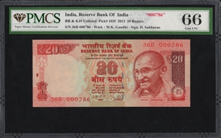 PMCS Graded 66 Fancy Number 000786  Twenty Rupees Banknote of 2013 Signed by D. Subbarao of Republic India.