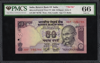 PMCS Graded 66 Fancy Number 786786 Fifty Rupees Banknote of 2006 Signed by Y V Reddy of Republic India.