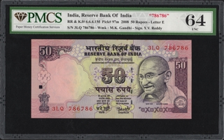 PMCS Graded 64 Fifty Rupees 786786 Fancy Number Banknote Signed by Y V Reddy of 2008.