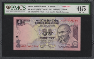 PMCS Graded 65 Fifty Rupees Fancy Number 000786 Banknote Signed by D. Subbaarao of Republic India of 2011.