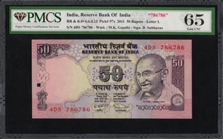 PMCS Graded 65 Fifty Rupees 786786 Fancy Number Banknote of 2011 Signed by D. Subbaarao of Republic India.