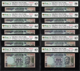 PMCS Graded Fancy Number 000786 Series 0 to 7 Prefix Set of Hundred Rupees Banknotes of Republic India.