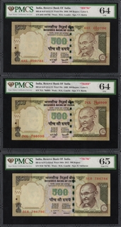 PMCS Graded Fancy Number 786 Series Set of Five Hundred Rupees Banknotes Signed by Y V Reddy & D Subbarao.