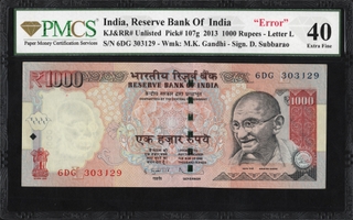 Graded PMCS Error Thousand Rupees Banknote Signed by D Subbarao of 2013 of Republic India.