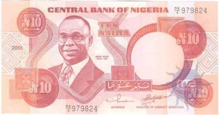 Paper money of Nigeria of 10 Naira of 2001 Issued.