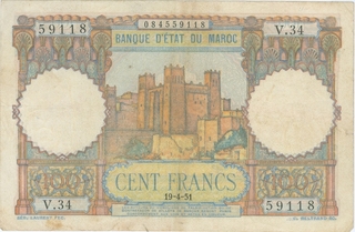 One Hundred Cent Francs Bank Note of Morocco.