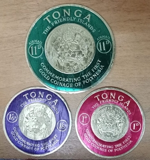 Set of 3 Unusual Round Stamps of Polynesia's First Gold coin issued in 1963