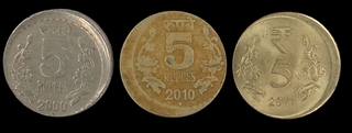 Lot of Three Brass-Nickel Five Rupees Error Coins of  Republic India.