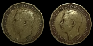 1942 and1943  Great  Britain Nickel-Brass Three Pence Coins King George VI.