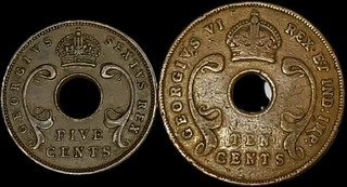  Copper Five and Ten Cents Coins of King Geogivs VI of East Africa.