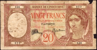 Rare Twenty Francs Note of 1928 French Polynesia.