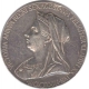 1897. (in Roman numerals), GREAT BRITAIN, Hanover. Victoria. 1837-1901. AR Medal, Diamond Jubilee. By G. W. de Saulles. Dually dated 1837 June 20,  VICTORIA ANNVM REGNI SEXAGESIMVM FELICITER CLAVDIT XX IVN · MDCCCXCVII ·, crowned and veiled bust left / Young head of Victoria left on filleted olive b