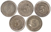 Silver 5 cents of five coins of king george V.