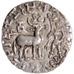 Silver Drachma Coin of Amoghbuti of Kuninda Dynasty with goddess standing on the lotus flower bed.